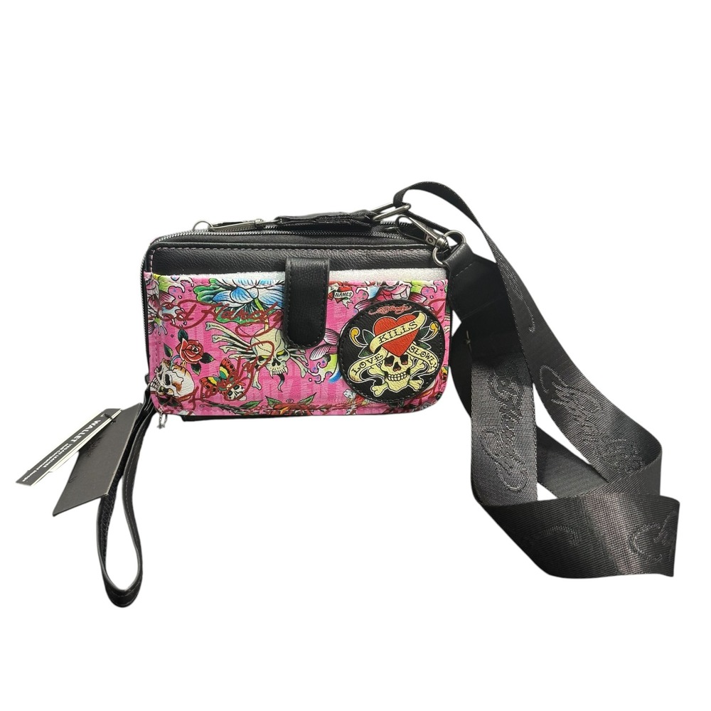 Ed Hardy Pink Tattoo Print‎ Crossbody Wallet Bag Love Kills Slowly Vegan Y2K NWT
